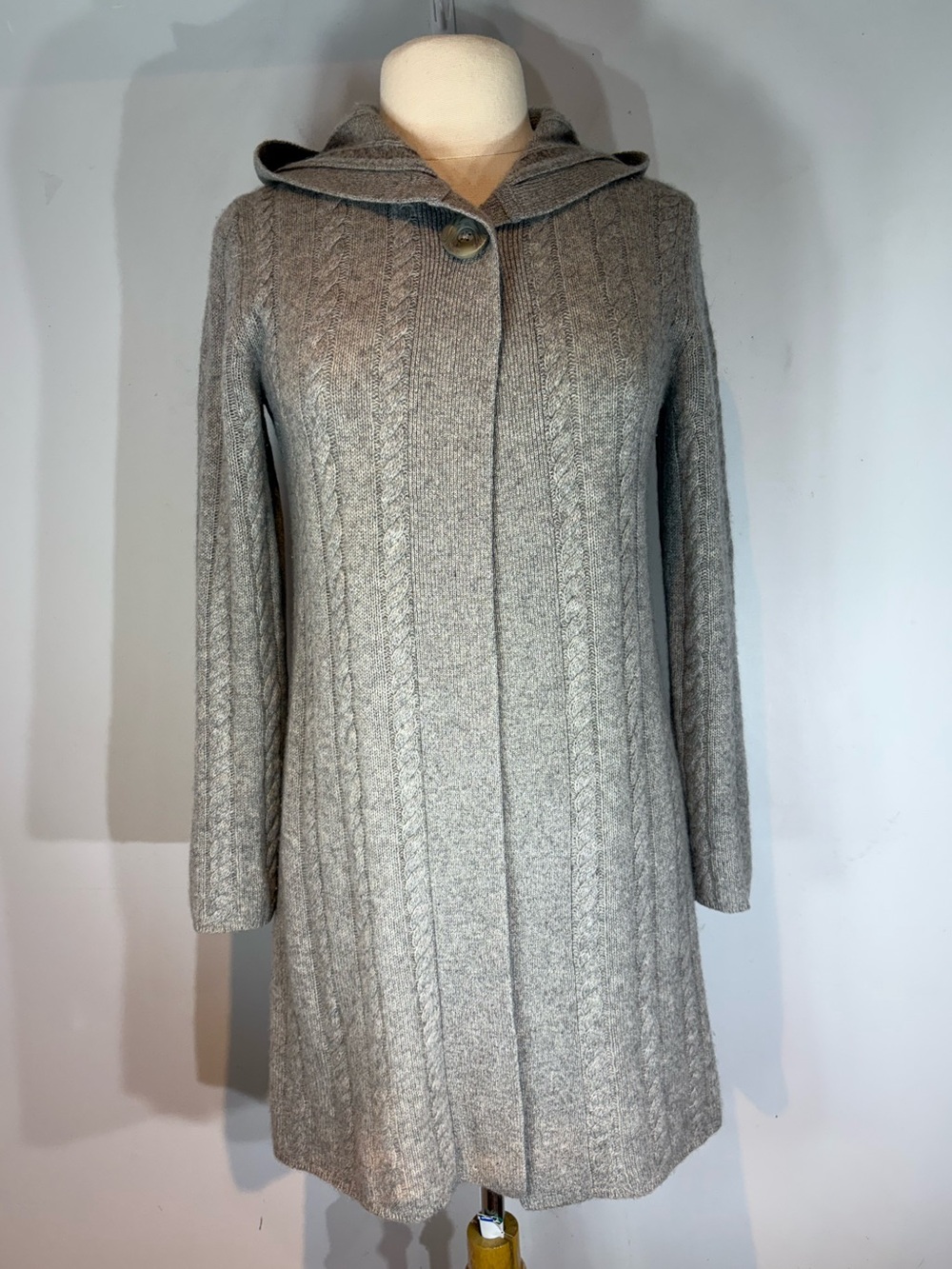 Kenar 100% Cashmere Hooded Cable Knit Long Cardigan Grey Medium